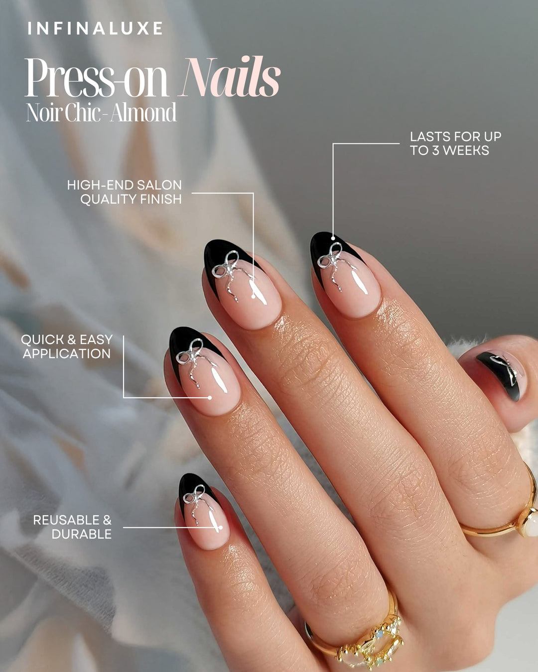 Infinaluxe Press-On Nails - Noir Chic - Almond
