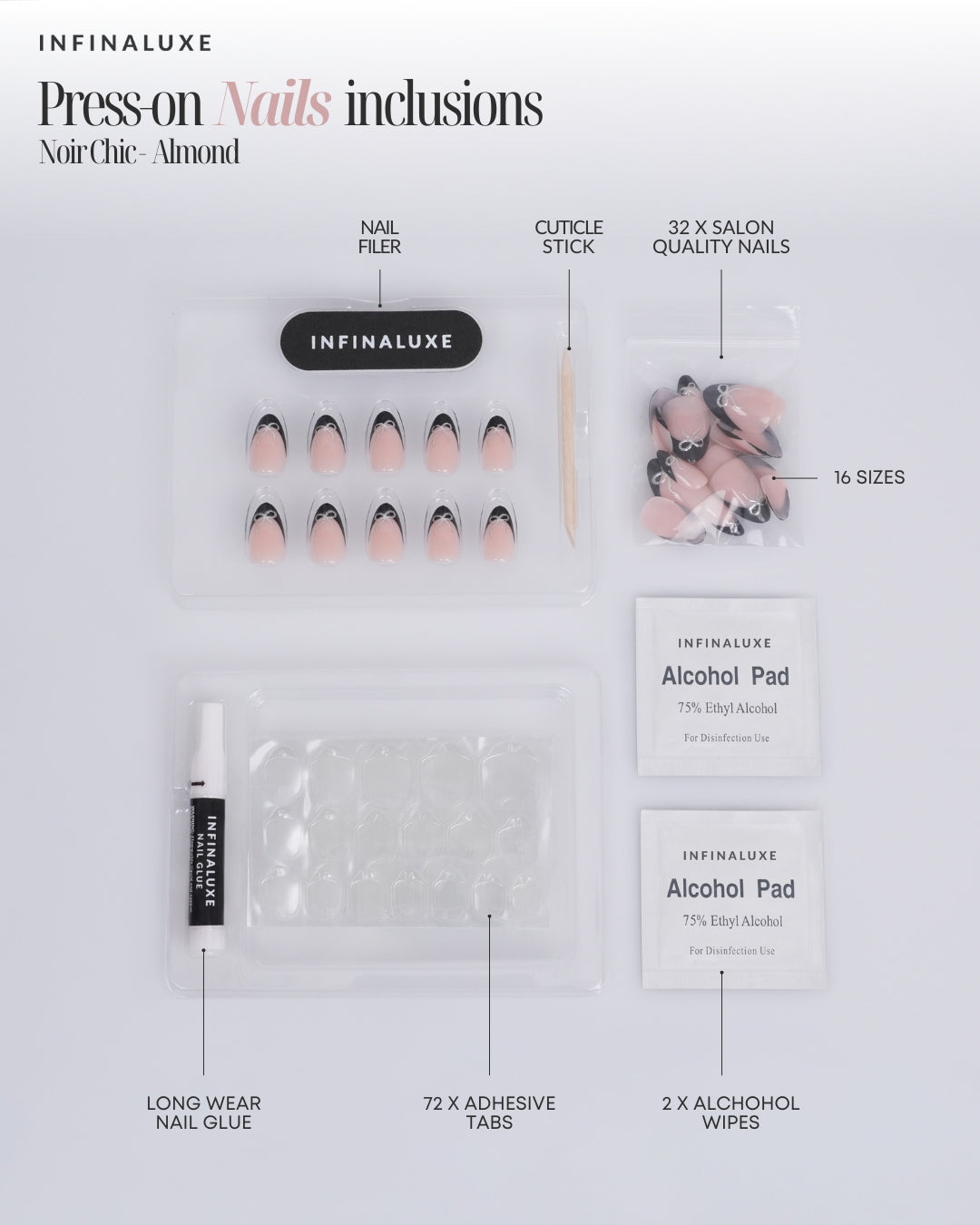 Infinaluxe Press-On Nails - Noir Chic - Almond