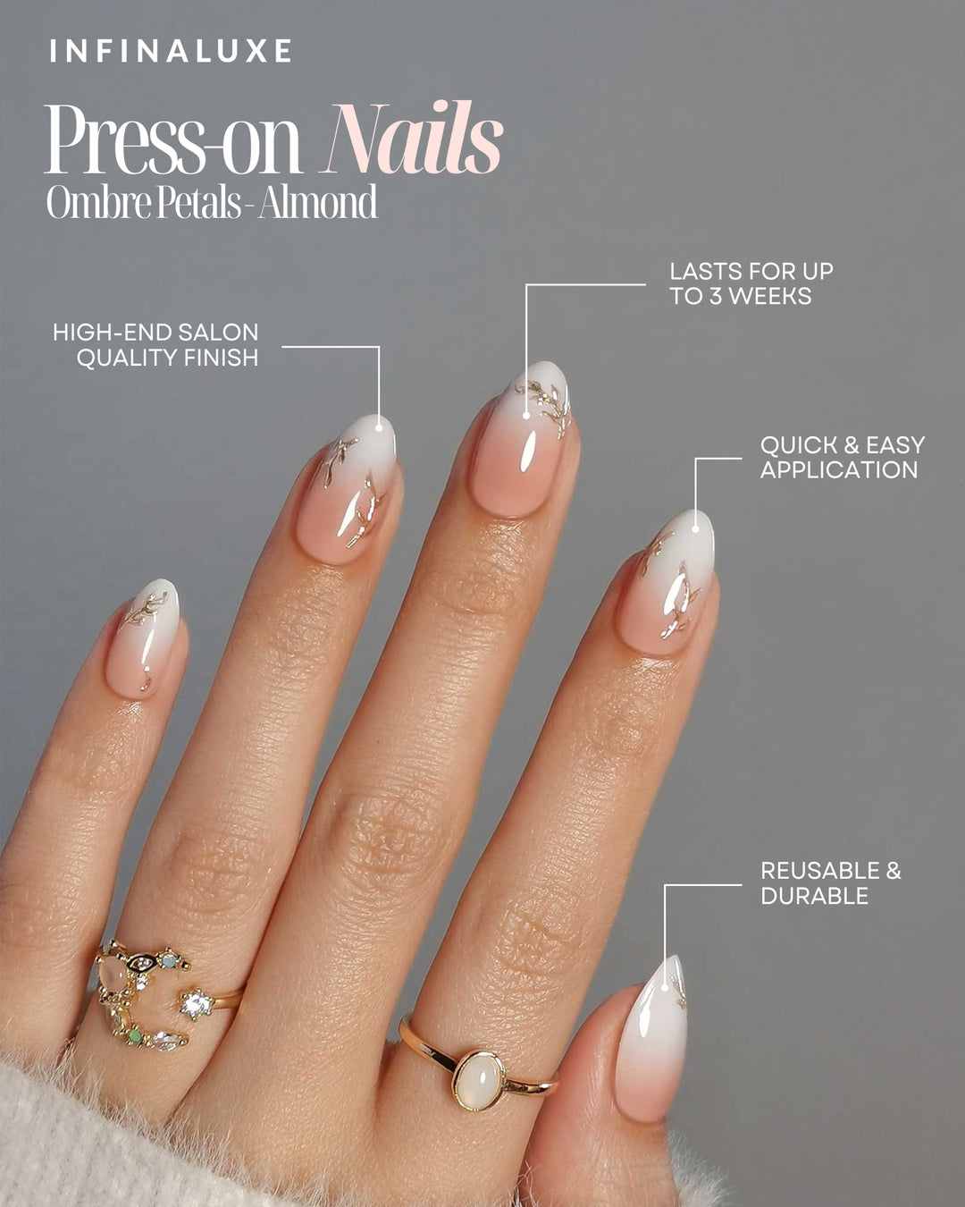 Infinaluxe Press-On Nails - Ombre Petals - Almond