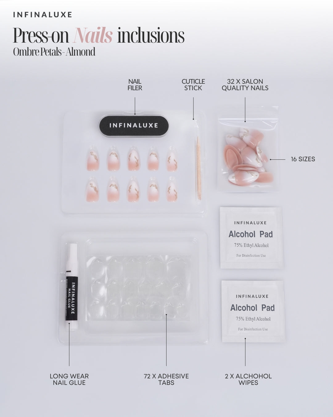 Infinaluxe Press-On Nails - Ombre Petals - Almond