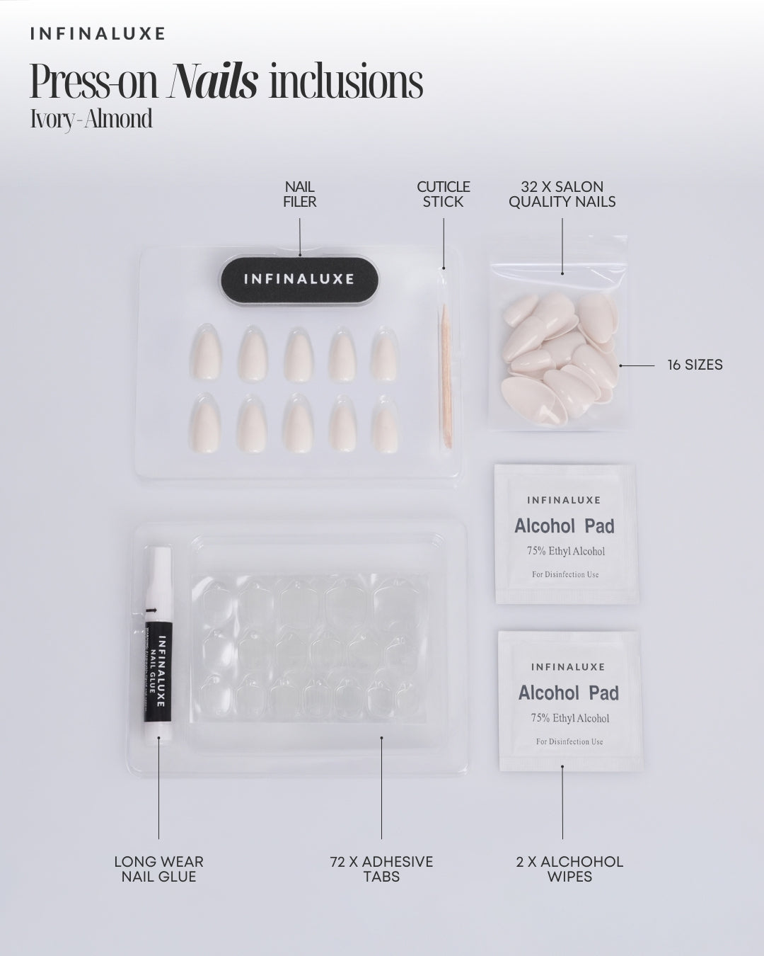 Infinaluxe Press-On Nails - Ivory - Almond