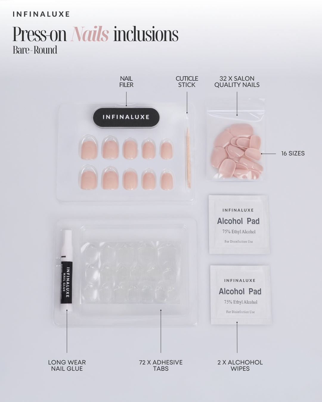 Infinaluxe Press-On Nails - Bare - Round