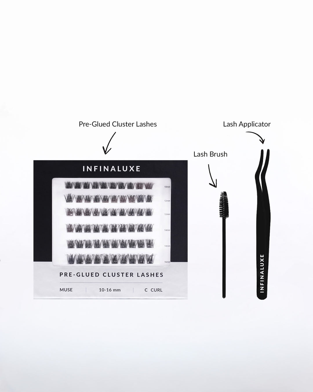 Infinaluxe pre-glued cluster lashes, applicator brush and lash brush