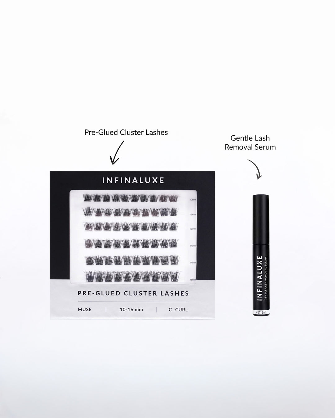 Infinaluxe pre-glued cluster lashes and removal serum