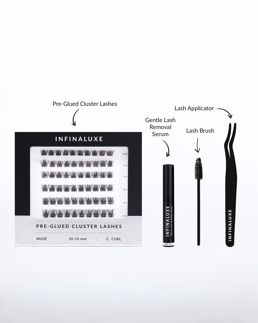 pre-glued lashes, removal serum and applicator with brush
